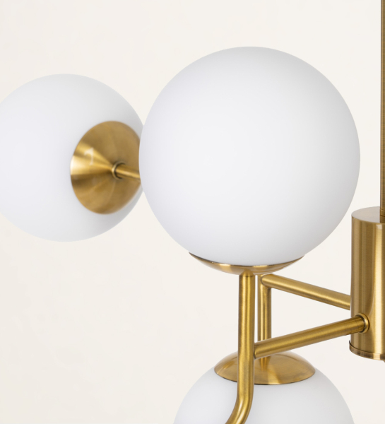 Suspended ceiling lamp in gold metal and glass