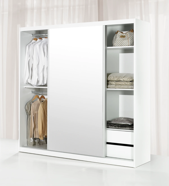 Armoire avec 2 portes coulissantes doublées de miroir, avec module de 2 tiroirs à l'intérieur, structure en chêne blanc.