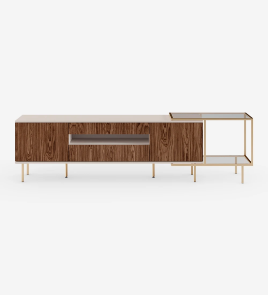TV stand with two doors and two drawers in walnut, pearl structure and golden lacquered metal feet with levelers. Side extension with gold lacquered metal structure, top and glass shelf.
