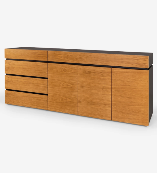 Sideboard with doors and drawers in honey oak, black lacquered structure, with drawer for cutlery.