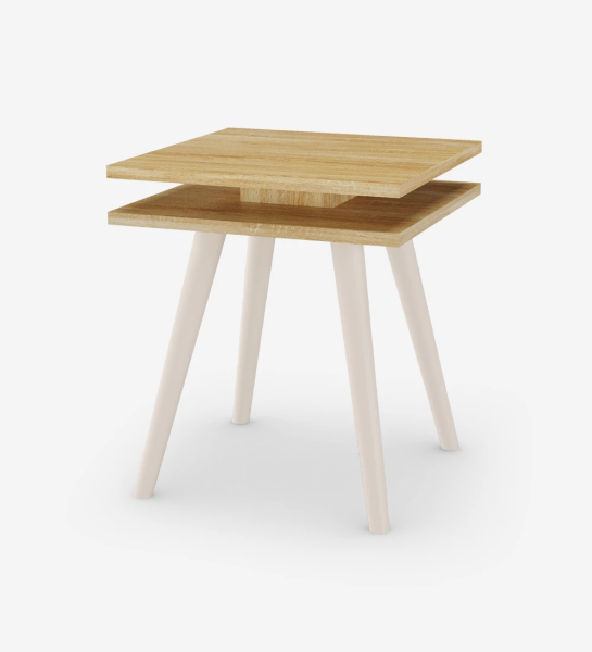 Oslo square side table, 2 natural oak tops, pearl lacquered feet, 45 x 45 cm.