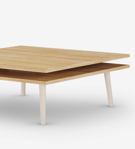 Oslo square center table, 2 natural oak tops and pearl lacquered feet, 90 x 90 cm.