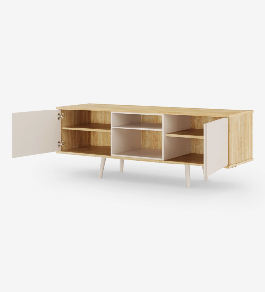 Oslo TV stand 2 doors, module and feet lacquered in pearl, structure in natural oak, 160 x 58,8 cm.