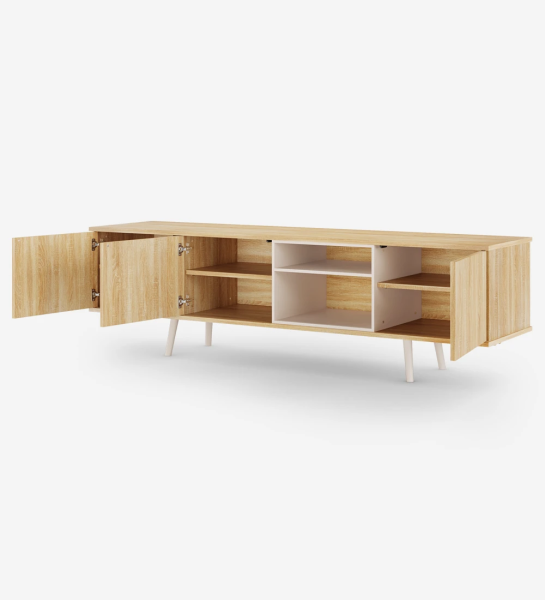 Oslo TV stand 3 doors and structure in natural oak, pearl lacquered module and feet, 200 x 58,8 cm.
