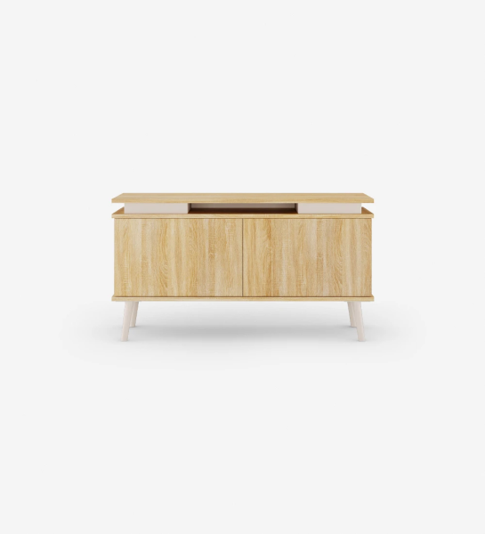 Oslo TV stand 2 doors and structure in natural oak, pearl lacquered feet, 120 x 58,8 cm.