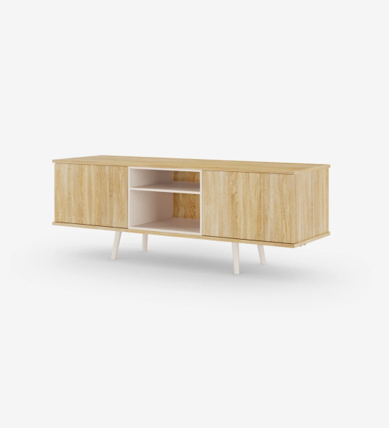 TV stand with 2 doors and structure in natural oak, module and feet lacquered in pearl.