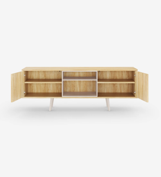 Oslo TV stand 2 doors and structure in natural oak, pearl lacquered module and feet, 160 x 58,8 cm.