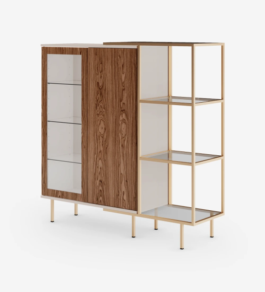 Showcase with lighting, 2 walnut doors, pearl structure and gold lacquered metal feet with levelers. Side extension with golden lacquered metal structure, glass shelf.