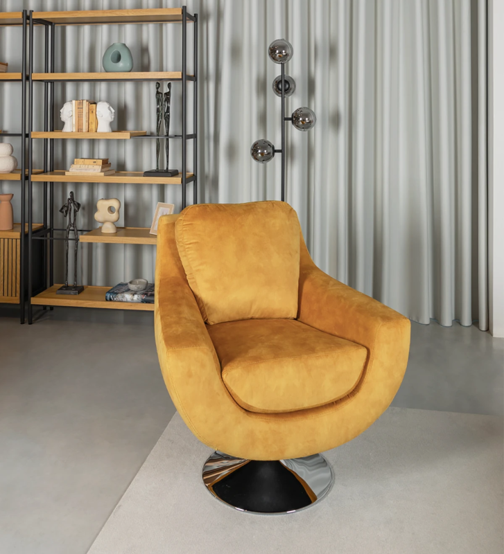 Paris swivel armchair, upholstered in mustard fabric, metal base.