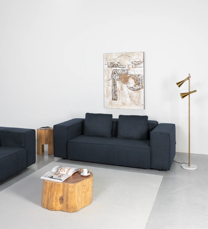 Rio 2-seater sofa upholstered in blue fabric, 213 cm.