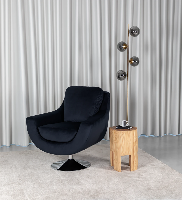 Paris swivel armchair, upholstered in blue fabric, metal base.