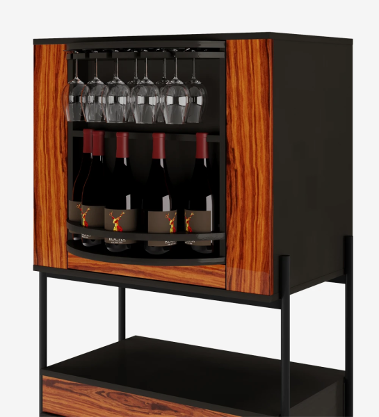 Bar cabinet with black structure, doors and drawer in high gloss palissander, black lacquered metal structure, feet with levelers. Rotating center with support for bottles and glasses, back with mirror.