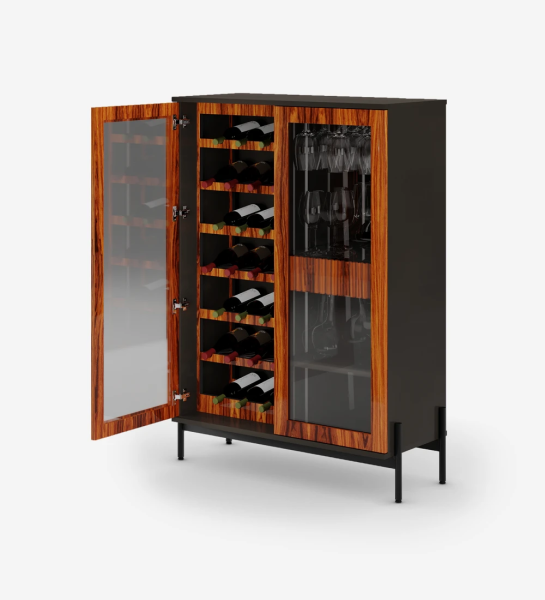 Wine cellar in high gloss palisander, with lighting, black structure and black lacquered metal feet with levelers.
