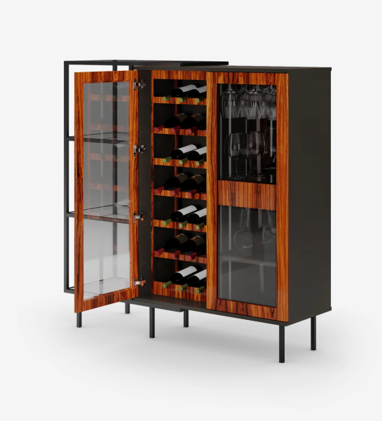 Wine cellar cabinet in high gloss palissander, with lighting, black structure and black lacquered metal feet with levelers. Side extension with black lacquered metal structure, glass shelf.