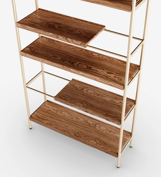 Double-sided bookcase in walnut, with a golden lacquered metal structure, feet with levelers.