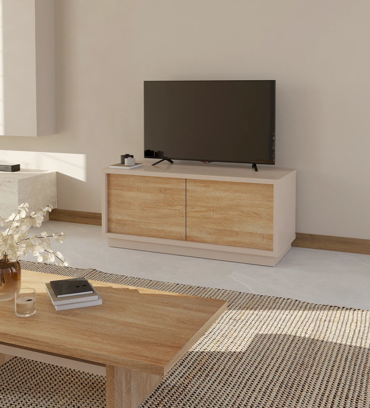 Mueble TV Dallas 2 puertas en roble natural, con estructura y zócalo perla, 126 x 55 cm.