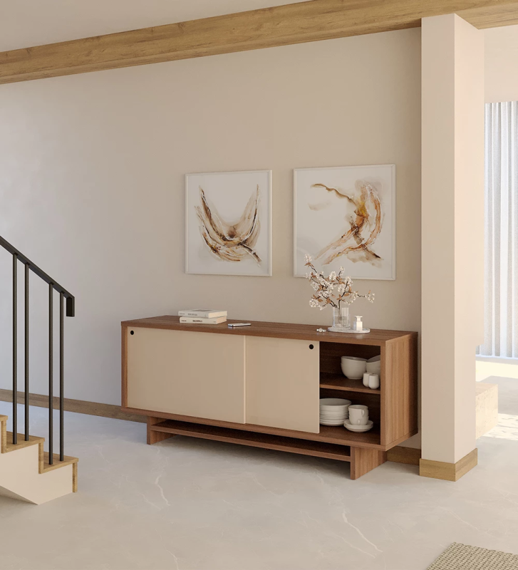 Buffet avec 2 portes coulissantes en perle, avec structure en noyer.