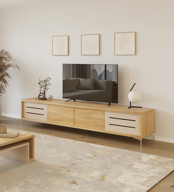 Rio TV stand 2 side doors in pearl, 2 central doors and structure in natural oak and metal feet, 235 x 50 cm.