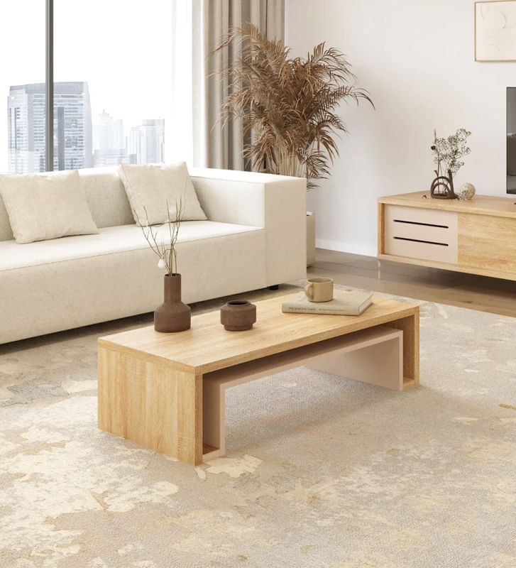 Rio rectangular center table in natural oak, pearl detail, 110 x 55 cm.