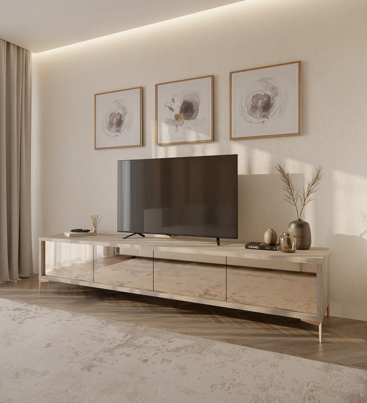 Rio TV stand 4 doors in pink mirror, decapé oak structure and golden metal feet, 235 x 50 cm.