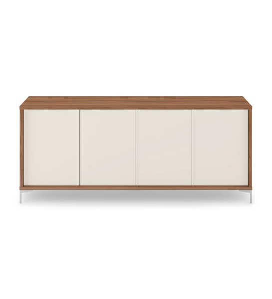 Buffet haut avec 4 portes en perle, structure en noyer et pieds métalliques.