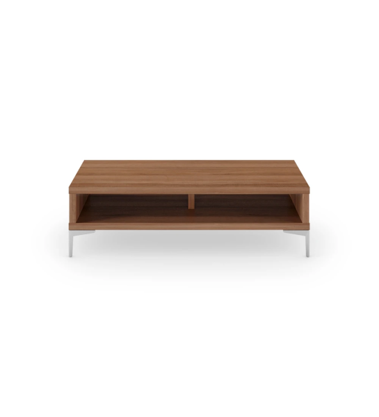 Mesa de centro Rio rectangular en nogal, pies en metal, 110 x 55 cm.