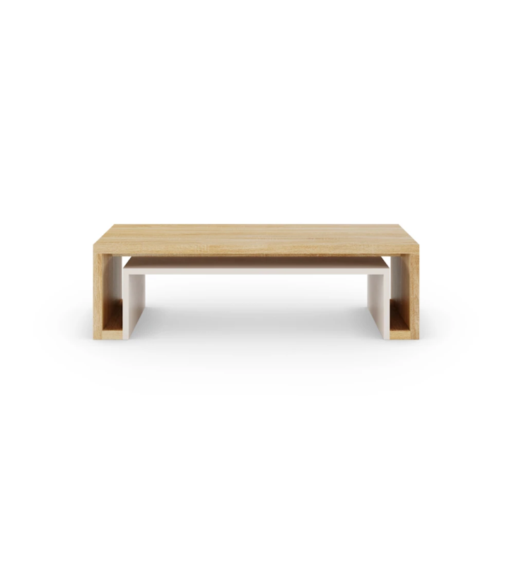 Rio rectangular center table in natural oak, pearl detail, 110 x 55 cm.