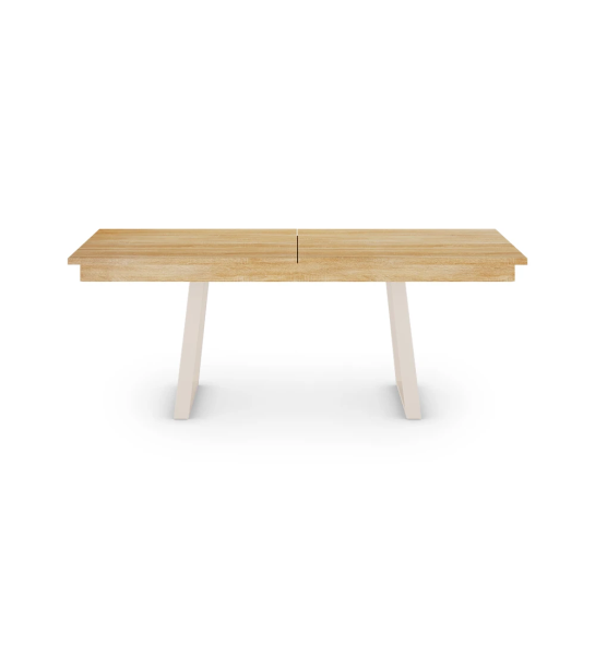 Mesa de comedor extensible rectangular con tablero de roble natural y pies de metal lacado en perla.