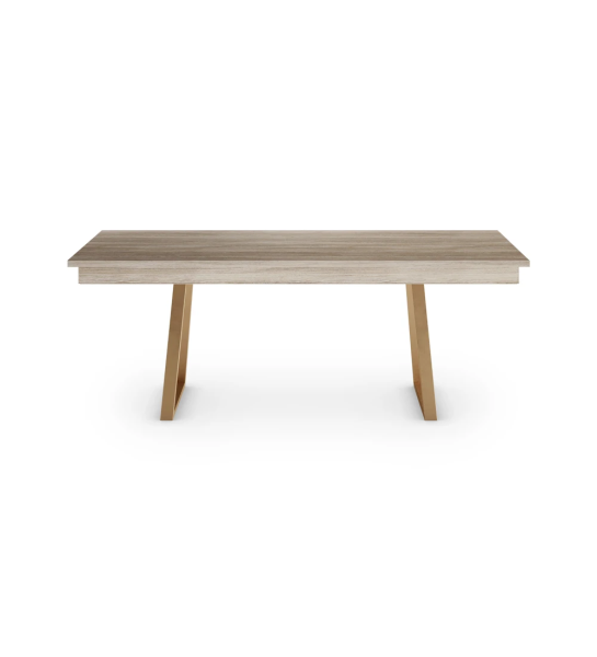 Mesa de jantar Rio retangular 150 x 90 cm, tampo em carvalho decapé, pés metálicos lacados a dourado.
