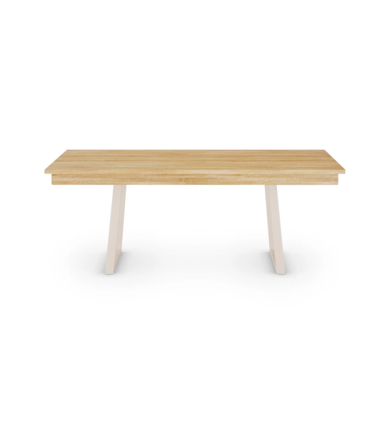 Mesa de comedor Rio rectangular 150 x 90 cm, tapa en roble natural, pies en metal lacado perla.