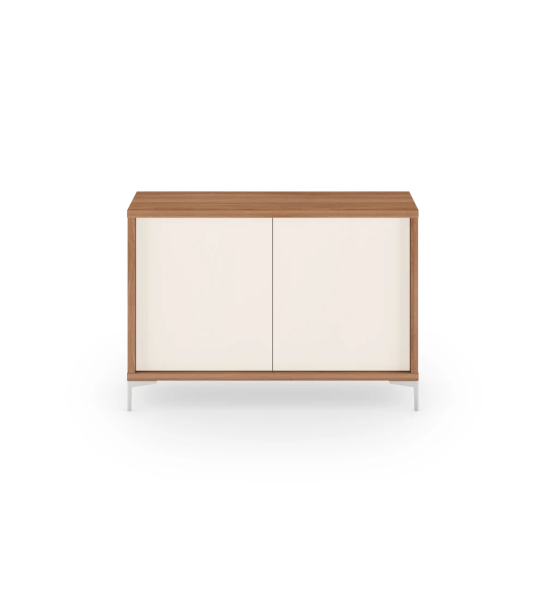 Shoe cabinet with 2 pearl doors, walnut structure and metallic feet.