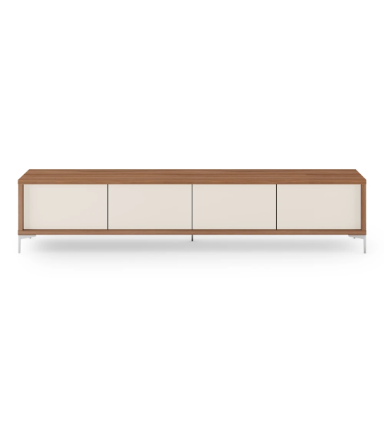 Meuble TV Rio 4 portes en perle, structure en noyer et pieds en métal, 235 x 50 cm.
