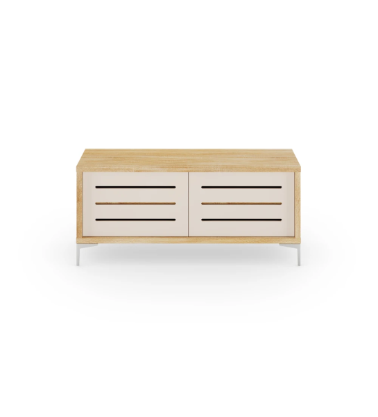 Meuble TV Rio 2 portes en perle, structure en chêne naturel et pieds en métal, 126 x 61 cm.