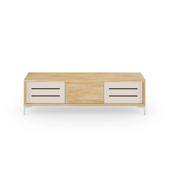 Meuble TV Rio 2 portes latérales en perle, 1 porte centrale et structure en chêne naturel et pieds en métal, 172 x 50 cm.