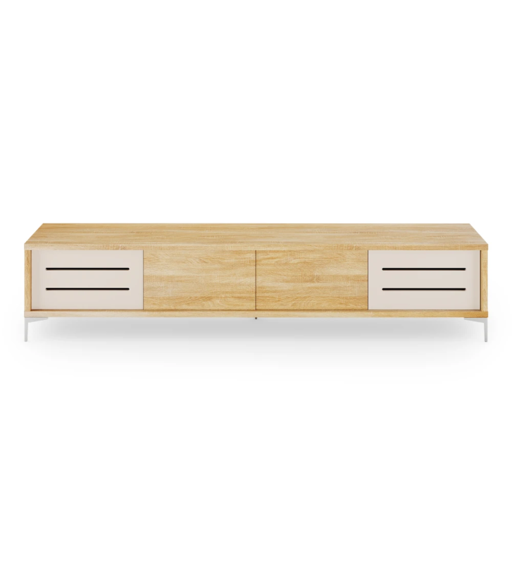 Rio TV stand 2 side doors in pearl, 2 central doors and structure in natural oak and metal feet, 235 x 50 cm.