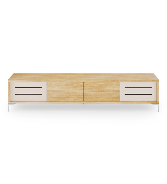 Meuble TV Rio 2 portes latérales en perle, 2 portes centrales et structure en chêne naturel et pieds en métal, 235 x 50 cm.