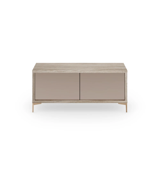 Rio TV stand 2 doors in pink mirror, decapé oak structure and golden metal feet, 126 x 61 cm.