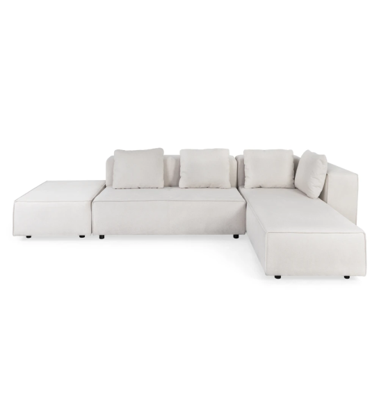 Sofá de canto Rio com chaise longue e puff, estofado a tecido pérola, 329 x 171 cm.