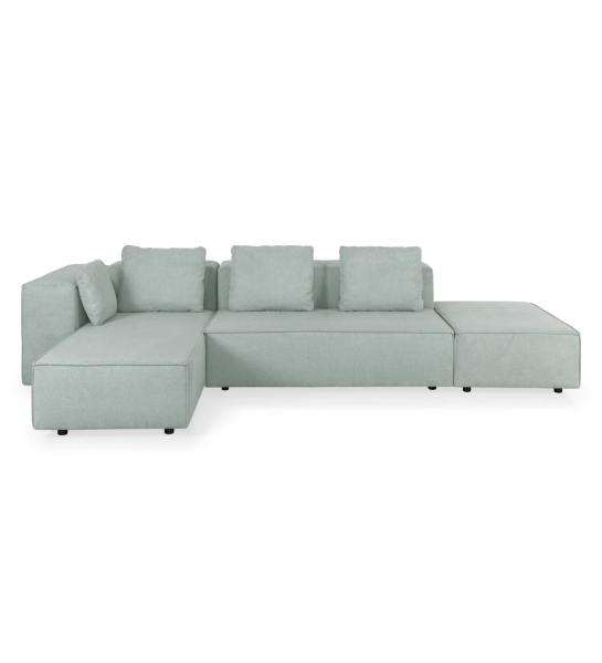 Sofá de canto Rio com chaise longue e puff, estofado a tecido water green, 329 x 171 cm.