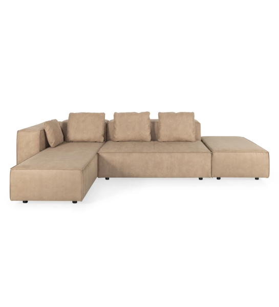 Sofá de canto Rio com chaise longue e puff, estofado a tecido toffee, 329 x 171 cm.
