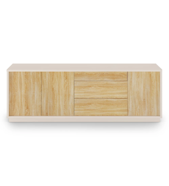 Sideboard with 3 doors and 3 drawers in natural oak, with structure and baseboard in pearl.
