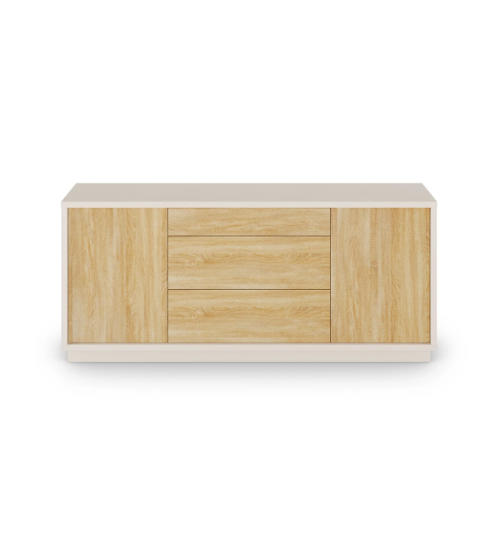 Buffet avec 2 portes et 3 tiroirs en chêne naturel, avec structure et plinthe en perle.