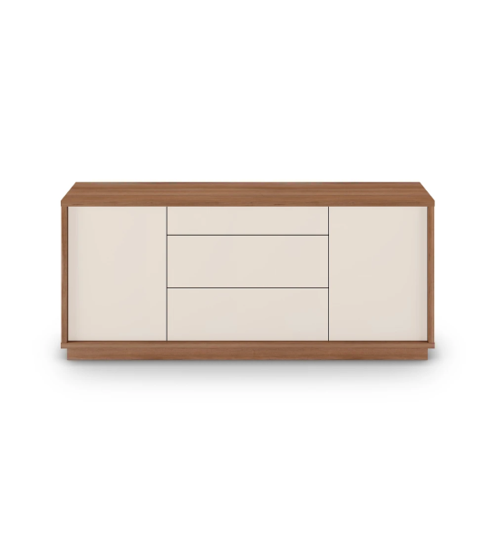Sideboard with 2 doors and 3 drawers in pearl, with structure and baseboard in walnut.