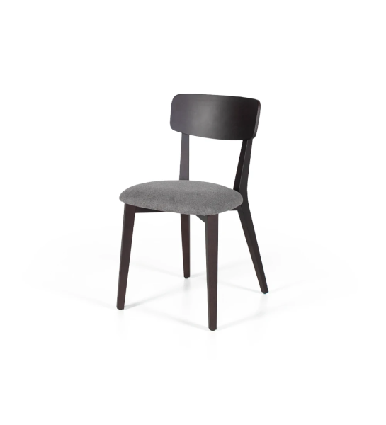 Dark brown ash wood chair with fabric upholstered seat.