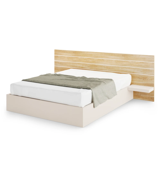 Cama doble con cabecero de roble natural, con estantes y base en perla, con almacenaje mediante platafoma elevadora.