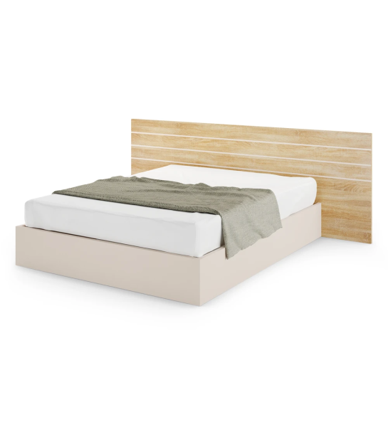 Cama de casal com cabeceira em carvalho cor natural e base em pérola, com arrumação através de estrado elevatório.