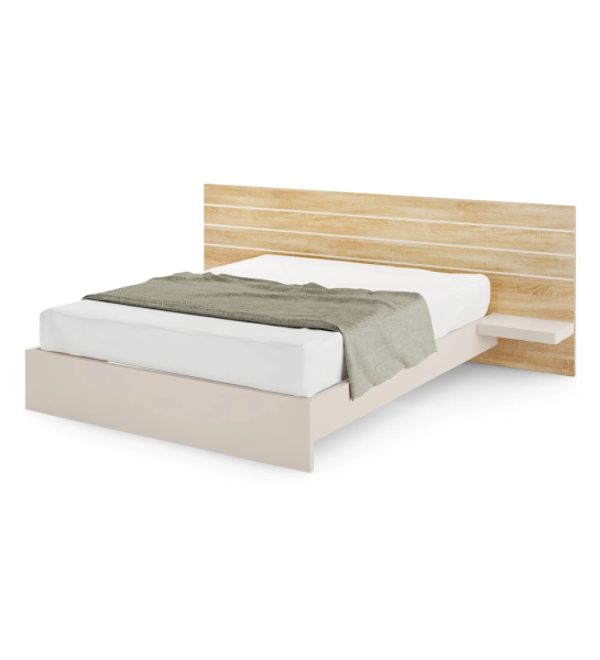 Double bed with natural oak headboard, with shelves and pearl base.