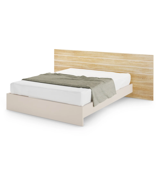 Double bed with natural oak headboard and pearl base.