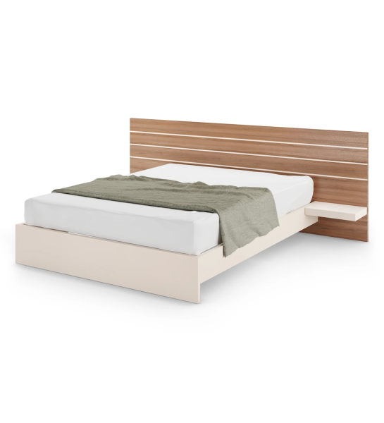 Double bed with walnut headboard, with shelves and pearl base.