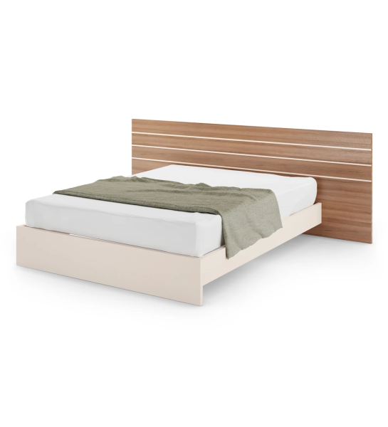 Double bed with walnut headboard and pearl base.